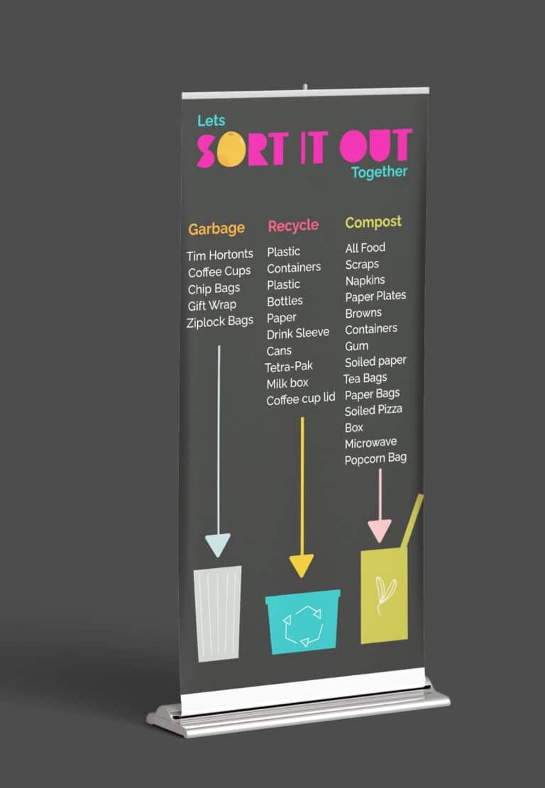 Tall black pop up banner with bright title and bins at the bottom