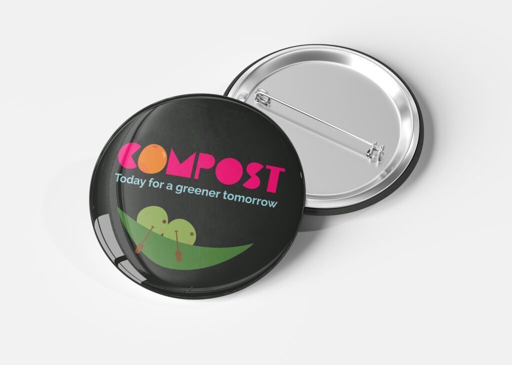 A button with an illustration of peas canoeing in their pod