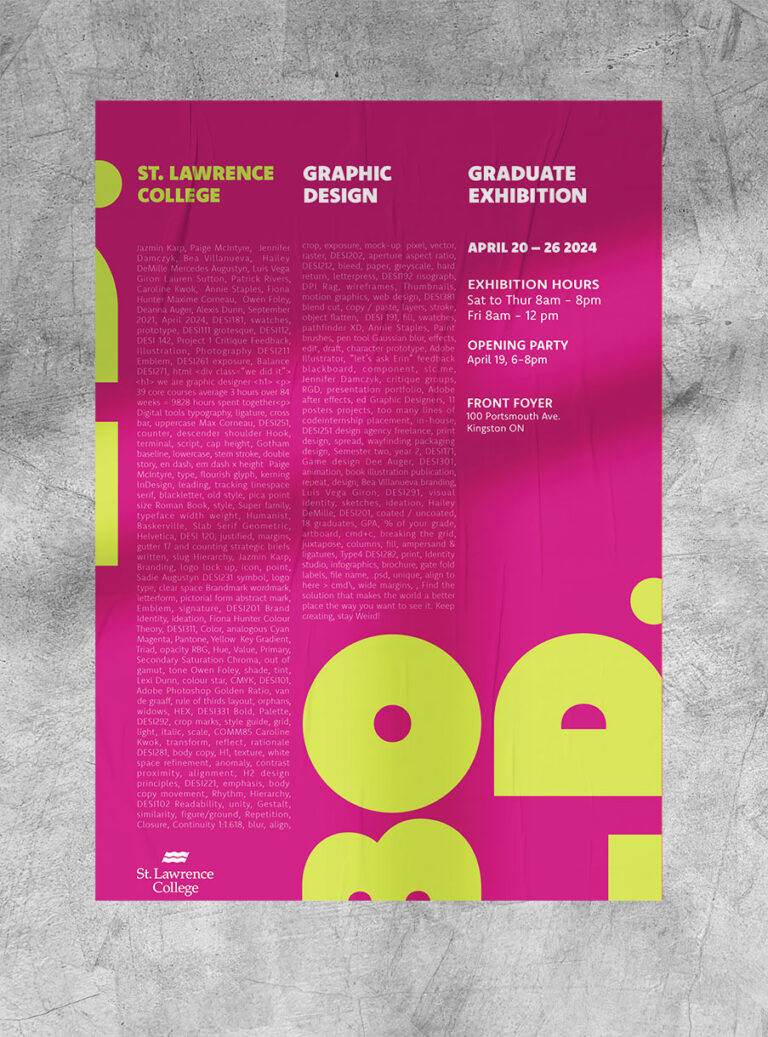 Bright pink poster with green and white text, no images. On grey background