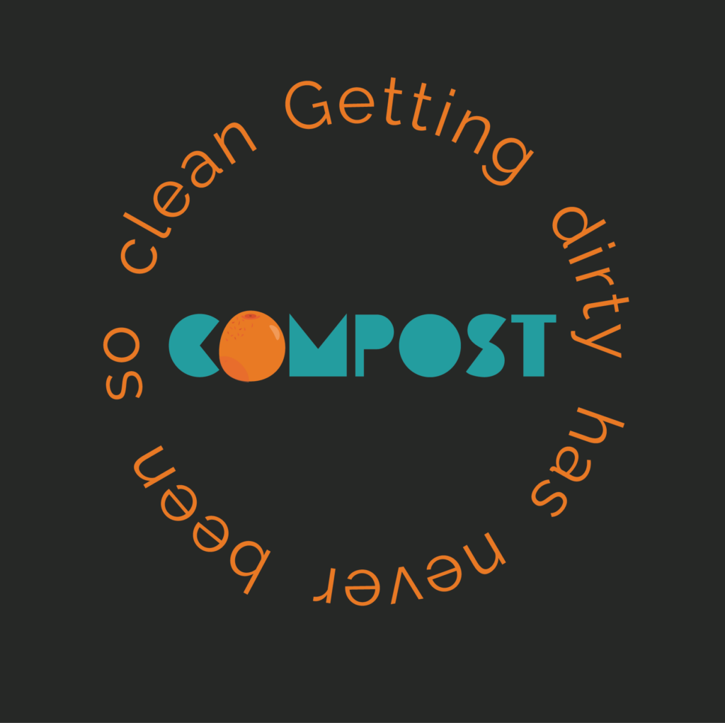Image of text, compost in birght blue in the centre, the O in compost has been replaced with an orange illustration