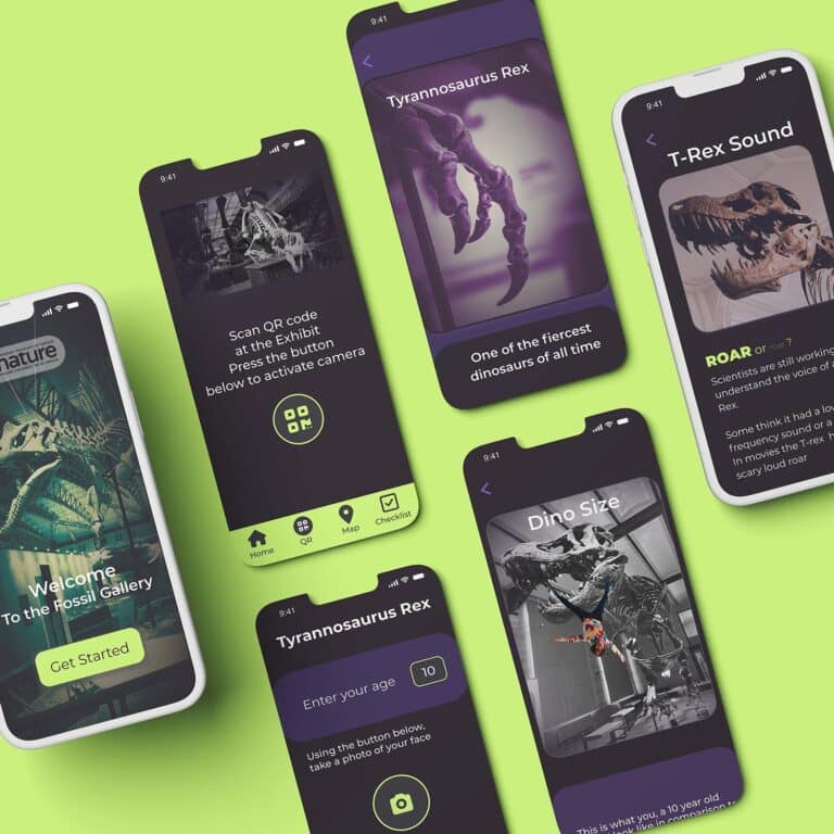 phone with app on screen, 5 other app screens beside phone