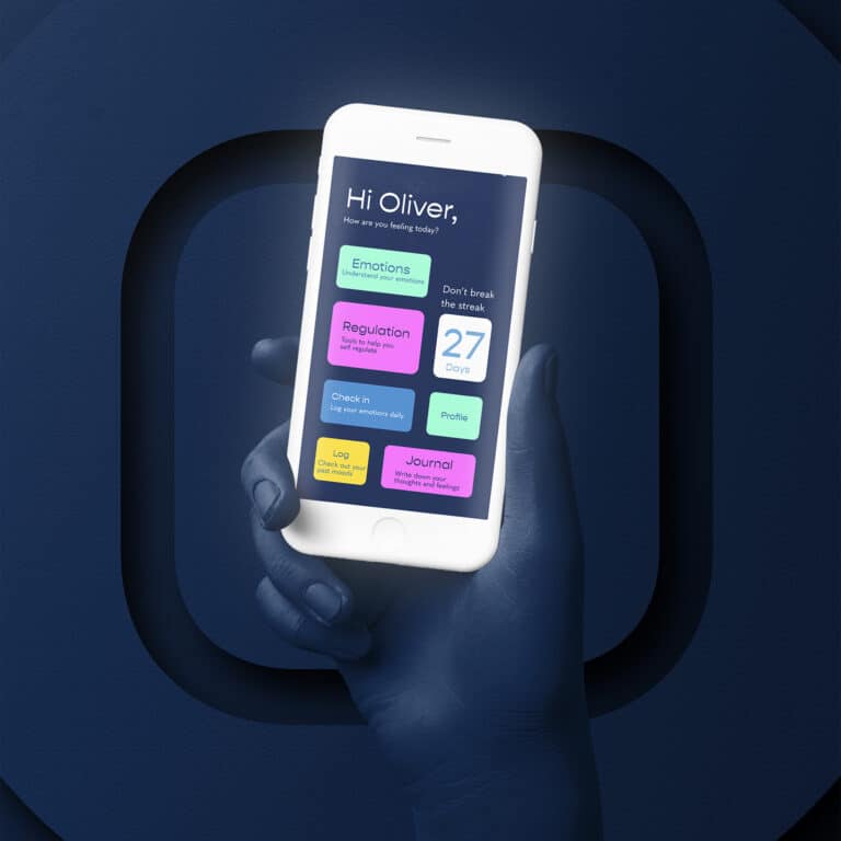 an iPhone with an app on the screen being held by a hand