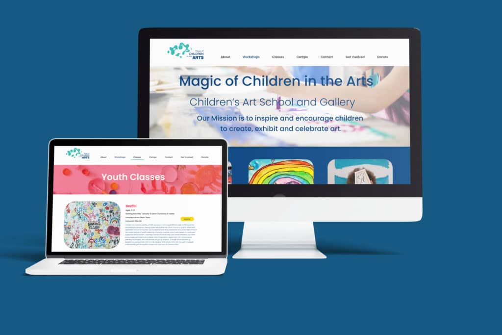Mac book and iMac screens open to website