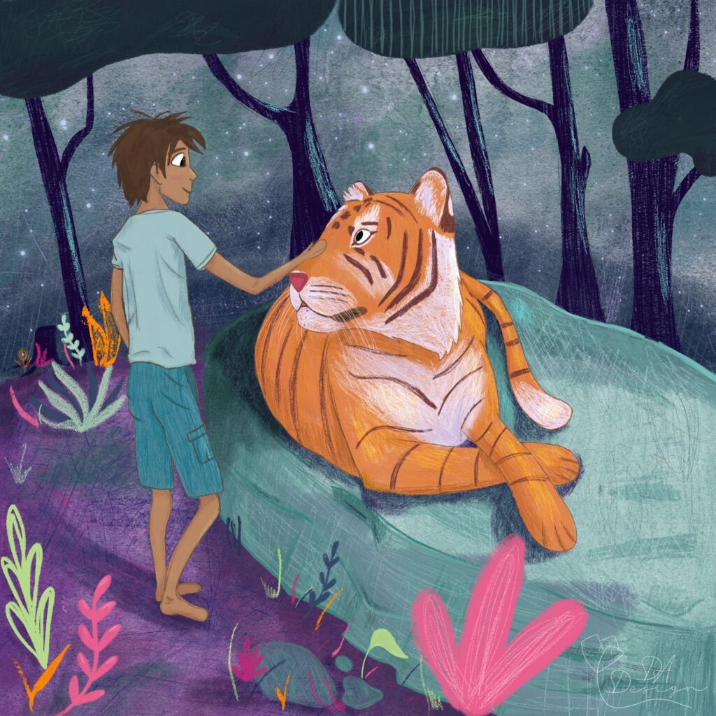 Illustration of a tiger on a rock and boy