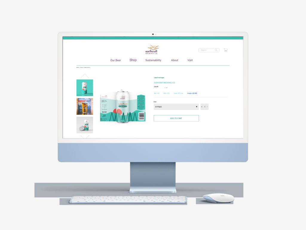 Product webpage displayed on a blue iMac