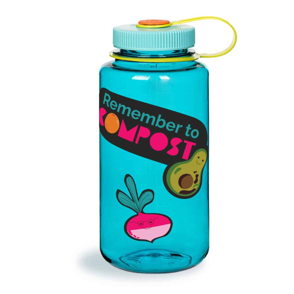 Blue waterbokttle with two stickers on it, white background