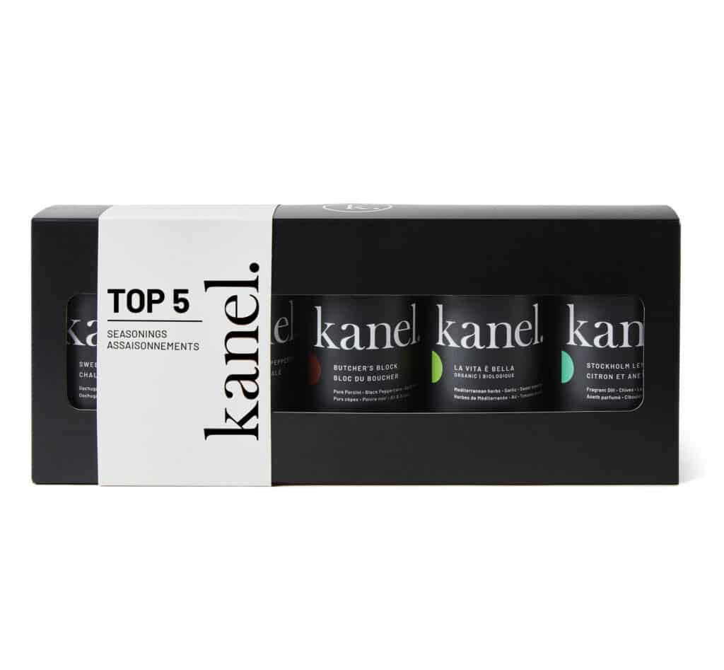 Package of 5 spice blends in black with a white sleeve over top